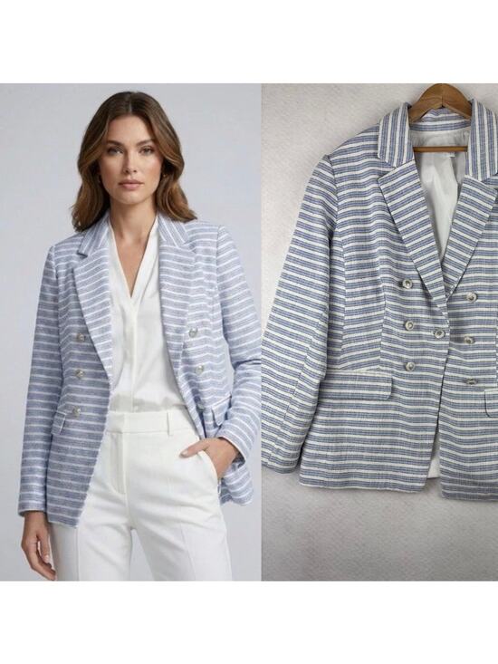 J. Jill Jackets & Blazers - J Jill XL Blue White Striped Double Breasted Blazer Coastal Preppy Office Tweed